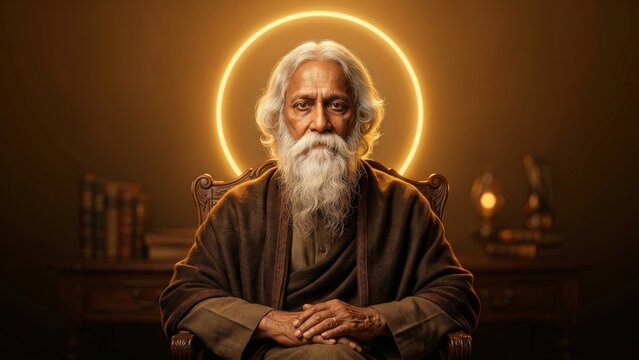 Premium Stock Indian Poet Portrait with Golden Halo Background