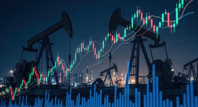 Oil derricks with stock market charts, symbolizing energy prices at night