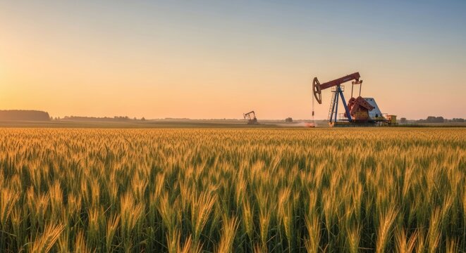 Oil pumpjacks in a wheat field at dawn, sky bathed in warm hues