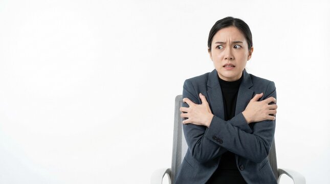 Stressed Employee Hugging Chest Tightly with Darting Eyes Showing Severe Workplace Paranoia