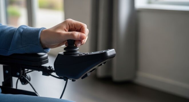 Person's hand gripping joystick of an electric wheelchair indoors