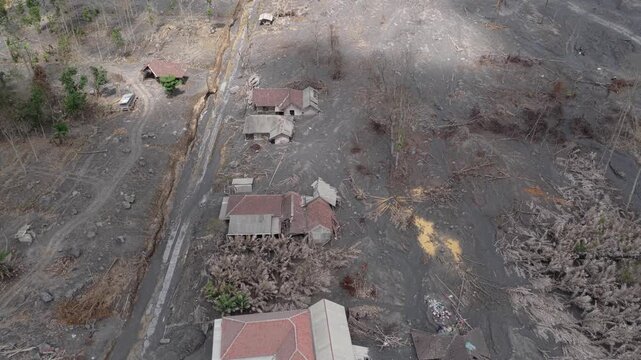 Semeru volcano aftermath destroying village with ash and lava flow