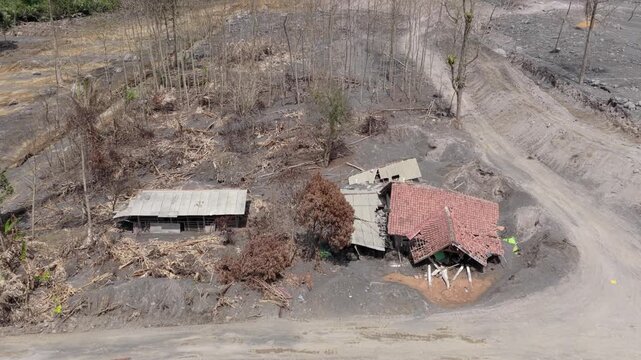 Semeru volcano aftermath revealing destroyed village and lahar flow