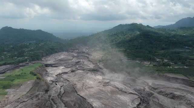Semeru volcano aftermath with lava flow landscape in java indonesia