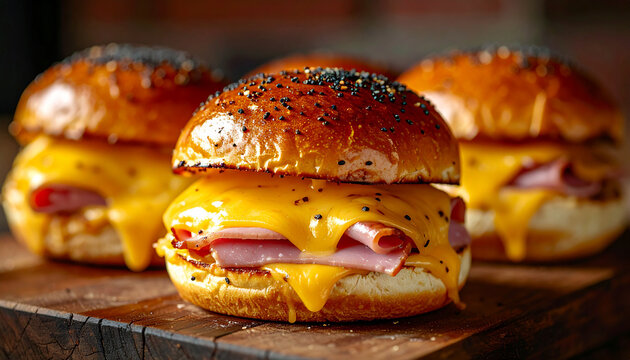 Freshly baked ham and cheese sliders, golden poppy seed buns, melted cheese oozing over savory meat, wooden board, delicious food, tasty snack