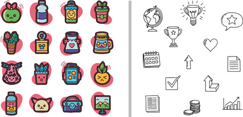Fototapeta premium Set of cute kawaii colorful icons and black and white doodle business symbols
