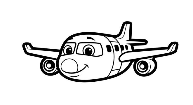 Smiling cartoon airplane flying high.