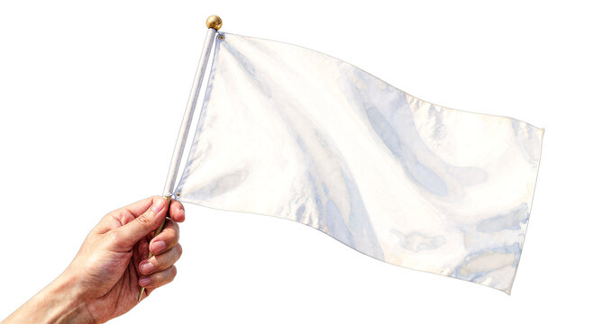 Hand holding a white flag of surrender isolated on black background