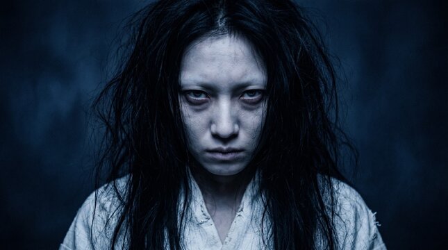 ホラーや怪談の映画素材に最適。怨念や呪いを感じさせる乱れ髪が不気味な、幽霊のような青白い顔色で睨みつける日本人女性