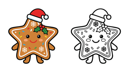Fototapeta premium Christmas Gingerbread Star Character Coloring Page and Colored Version