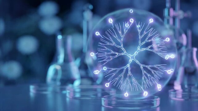 Glowing neural network inside glass sphere. Artificial intelligence concept modeled as tree structure. Digital futuristic data connectivity in laboratory setting.