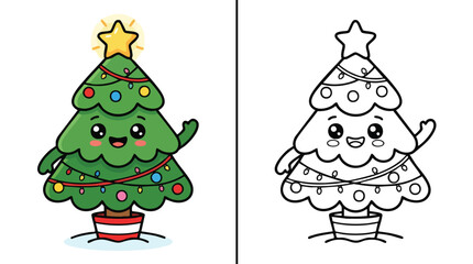 Fototapeta premium Christmas Tree Kawaii Character Coloring Page for Holiday Kids Activities
