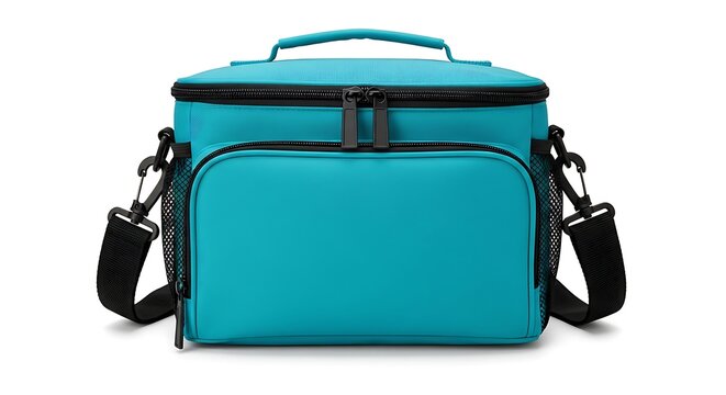 Turquoise insulated lunch bag with front pocket and strap