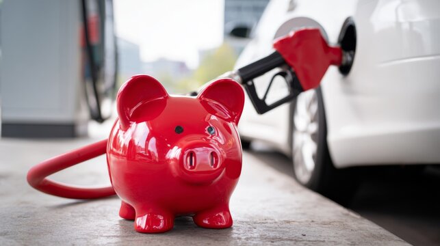 filling up car at gas station with fuel - Close-up of a gas pump with a piggy bank