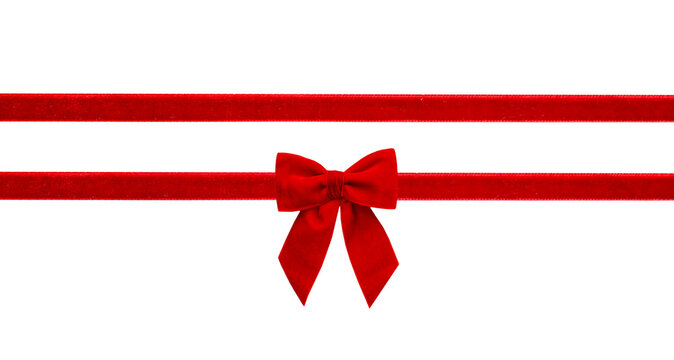 Red velvet gift bow and stripes isolated on white, holiday  package decor, present design element.