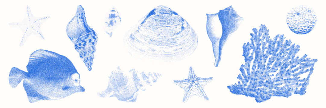 Blue cyanotype sea elements asset pack. Stipple dot ocean shell, fish, coral silhouette. Delicate indigo blue nature vector stickers for template, card and graphic design