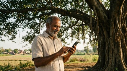 Obraz premium Happy senior farmer using smartphone under large banyan tree in rural area.