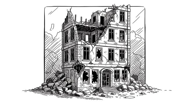 Damaged old house with broken windows.