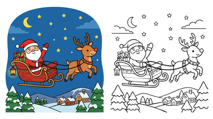 Obraz premium Christmas Santa Sleigh Flying with Reindeer over Winter Village Coloring Page Eps
