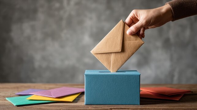 Hand deposits a sealed envelope into a blue ballot box on a wooden table with colorful envelopes and a textured gray background capturing the essence of voting and democratic participation