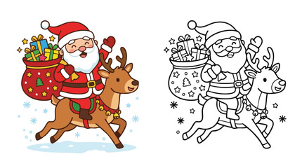 Naklejka premium Christmas Santa Claus Riding Reindeer Coloring Page for Holiday Kids Fun