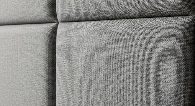 Close-up of textured grey fabric wall panels providing acoustic absorption in a modern interior design setting.