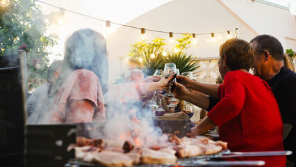 Group of friends having fun at barbecue dinner cheering with red wine - Food, friendship, and summer people lifestyle concept - Focus on hands clinking © DisobeyArt