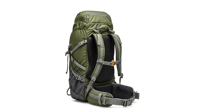 Green and grey hiking backpack with padded straps and multiple compartments