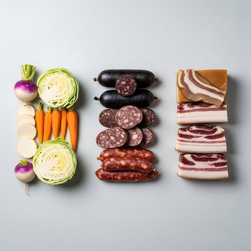 High angle view of various traditional blood sausages, chorizo, pork belly, cabbage, carrots, and turnips arranged in columns on gray background.