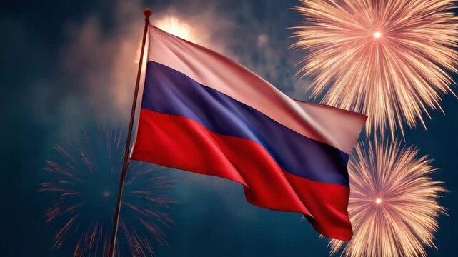 Russian Flag Waving with Celebratory Fireworks in Night Sky