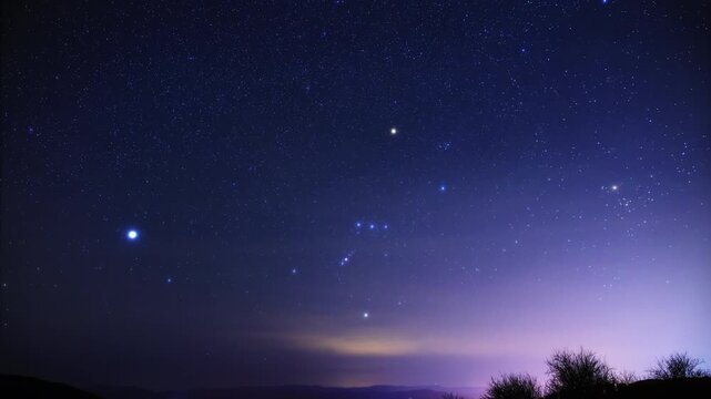 Orion constellation, zodiacal light and Milky Way stars on a dark countryside skies. Time-lapse video.