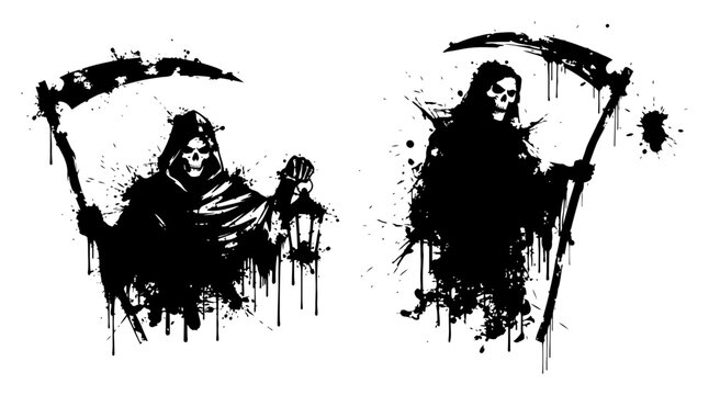 Grim reaper with scythe and lantern in messy ink splatter style