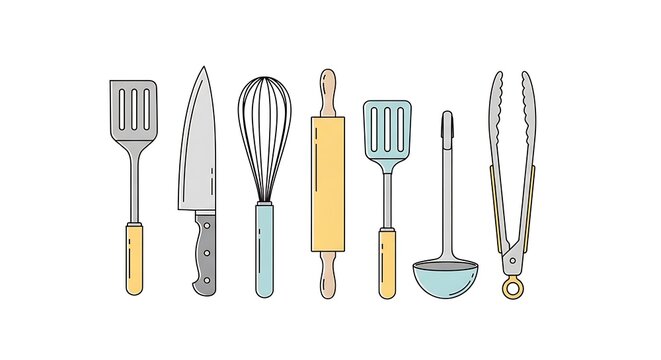 A set of colorful kitchen utensils and tools for cooking and food preparation