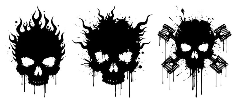 Set of three stylized skulls with flames and crossed engine pistons in black ink splash grunge style
