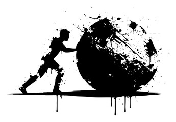 Man pushing heavy stone sphere as metaphor for struggle in ink drip style © Wuszu