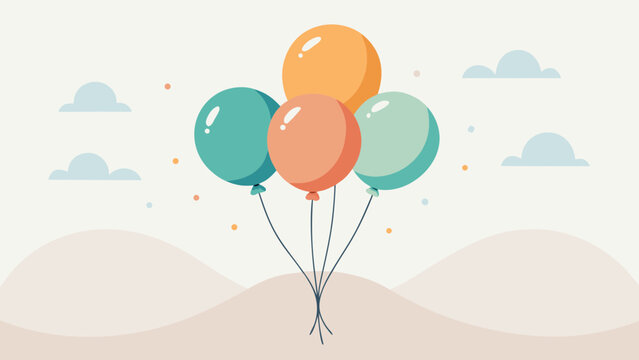 Colorful balloons floating in a serene sky with rolling hills below