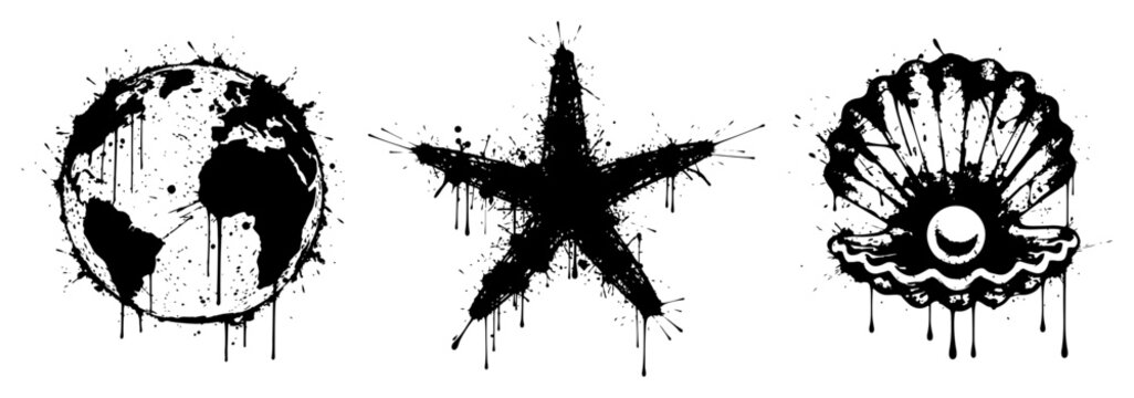 Earth globe starfish and seashell collection in black ink splash grunge style