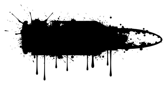 Flying bullet ammunition cartridge in messy ink splatter style