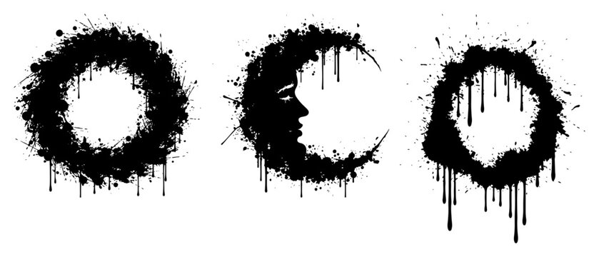 Crescent moon face and decorative rings collection with black ink splashes and drips grunge style