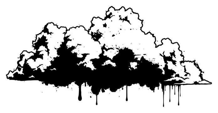 Fluffy clouds silhouette with black ink splashes and paint drips grunge style