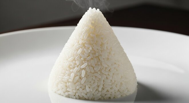 Steaming rice cone on plate
