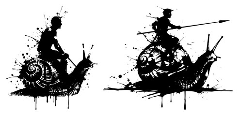 Human figures riding giant snails silhouettes with black ink splashes grunge style © Wuszu