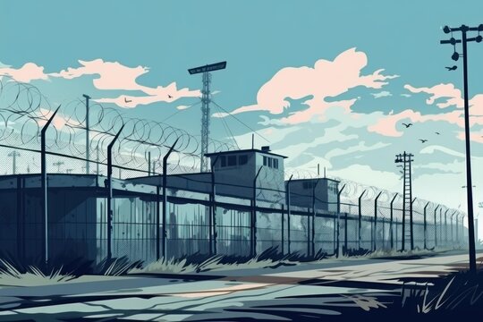 Prison exterior with concrete walls, chain link fences, barbed wire, and surveillance towers under a sky