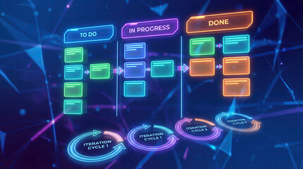Naklejka premium Agile project management scrum iteration boards abstract concept. A futuristic digital workflow illustration with vibrant color blocks.