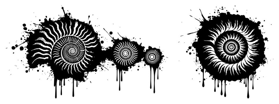 Ammonite fossil spiral shells from prehistoric sea in messy ink splatter style