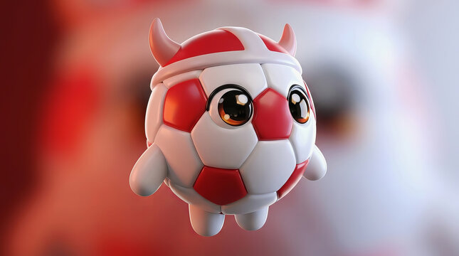 Cute 3D cartoon soccer ball character with devil horns and big eyes floating in a red and white studio background