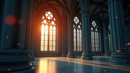 Obraz premium Interior view of a cathedral with sunlight shining through the windows, highlighting the architecture and stained glass details