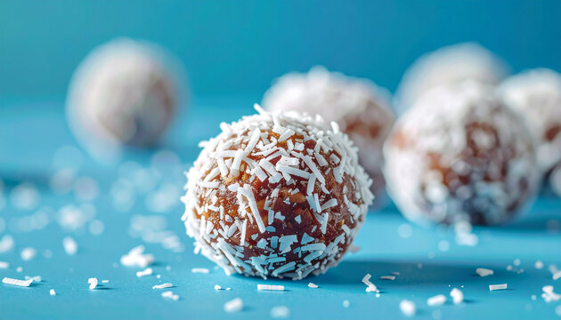 Round energy balls coated with shredded coconut on bold blue background, no-bake healthy snack, tasty eating, gluten free low carb wellness theme