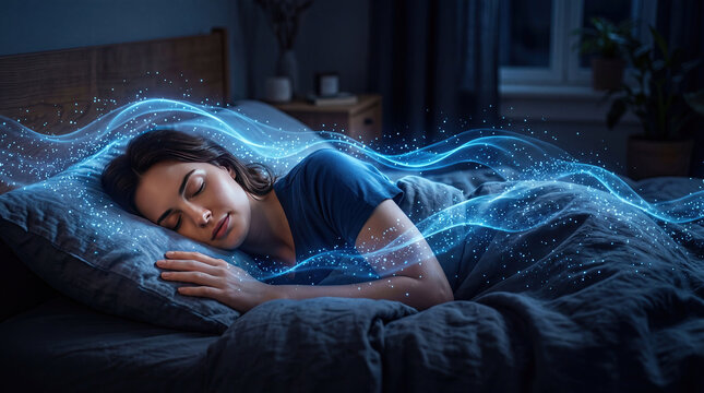 Brain sleep relaxation mindful meditation waves concept. A peaceful woman sleeping surrounded by shimmering dreams.