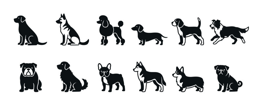 Dogs breeds collection featuring various canine pets in a flat black and white silhouette style illustration.